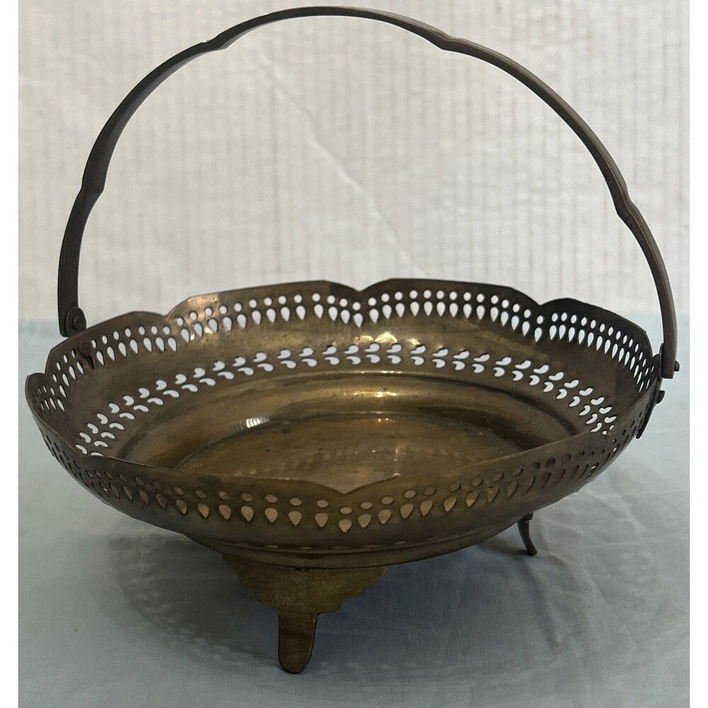 Vintage Pierced Brass Footed Basket Decorative Bowl